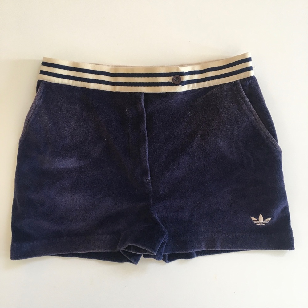 Vintage Adidas Velour Tennis Shorts Navy Blue Small White Trim Embroidered Logo